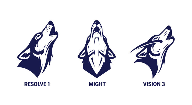 Three stylized wolf head logos with different designs.