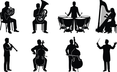 Classical symphony orchestra musicians silhouettes set playing classical instruments with a conductor vector illustration © MdSohel