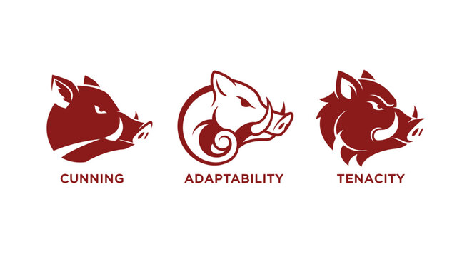 Three red animal logos representing cunning adaptability tenacity.