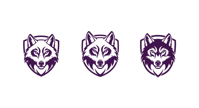 Three stylized wolf head illustrations in purple and white.
