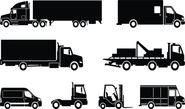 Commercial Trucks and Cargo Logistics Vehicles Black Silhouettes Set for Shipping and Delivery Services