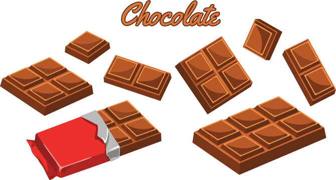 Milk chocolate bar candy vector illustration set with whole slabs open red wrapper and flying single chunks pieces for sweet dessert shop design