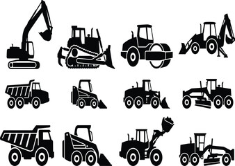 Heavy construction machinery and building vehicles black silhouettes set isolated on white background vector illustration © MdSohel