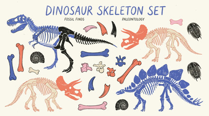 Hand Drawn Vintage Collection of Prehistoric Dinosaur Skeleton Fossil and Ancient Bone Remains Isolated on White Background for Science Education and Paleontology Research © Thai