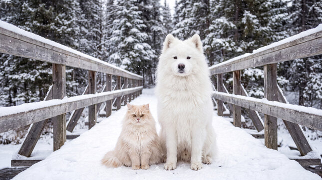 Fluffy cat and dog friends sitting on snowy bridge in winter forest