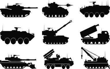 Fototapeta premium Military tanks and armored vehicles black silhouettes set isolated on white background vector illustration