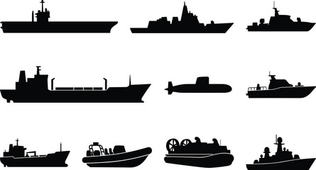 Military warships and naval vessels black silhouettes set isolated on white background vector illustration © MdSohel