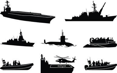 Military warships naval vessels and combat vehicles black silhouettes set isolated on white background vector © MdSohel