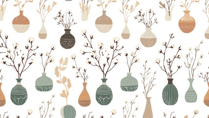 Boho seamless pattern with dried cotton flowers and eucalyptus branches in ceramic vases for modern interior wallpaper design vector © Sakhawat Hossen 