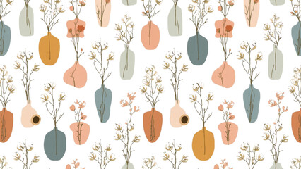 Boho seamless pattern with dried cotton flowers and eucalyptus branches in ceramic vases for modern interior wallpaper design vector © Sakhawat Hossen 