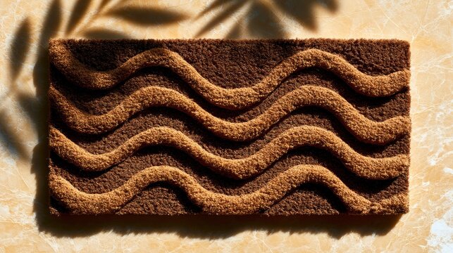 Dark chocolate brownie cake with wavy cocoa dusting and palm leaf shadows on textured stone in a macro overhead shot for gourmet food marketing