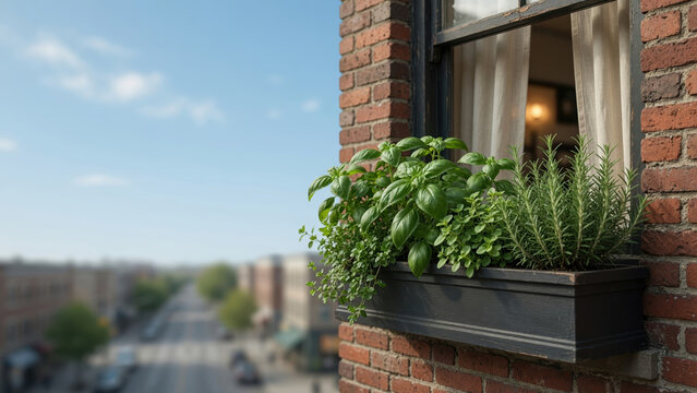 Window herb garden apartment balcony basil thyme rosemary oregano urban city summer window herb garden fills black planter open window, green leaves glow soft sunlight above blurred city street