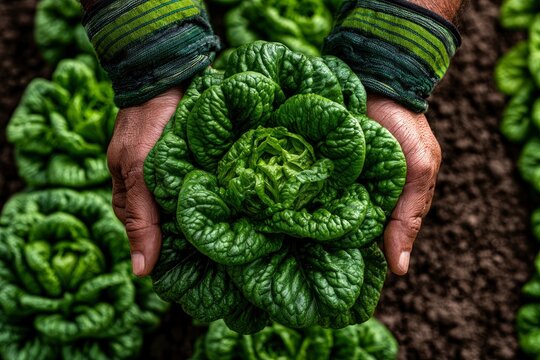 Fresh green lettuce held by farmer hands in an organic garden sharp focus top view shot for agriculture and healthy eating marketing