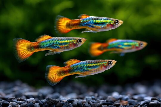 Colorful guppy fish swimming together in a freshwater aquarium sharp focus macro shot for pet industry and aquascaping marketing