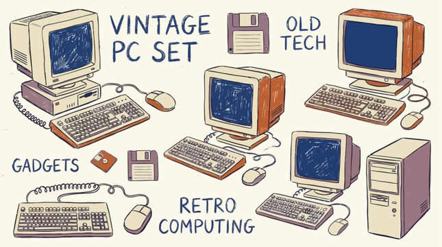 Collection of classic retro vintage computers featuring old desktop pc hardware with CRT monitors and mechanical keyboards illustrating the evolution of antique personal computing technology.