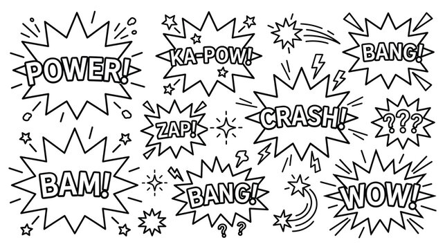 Comic book sound effect bubbles set with power bang crash wow and bam explosion graphics.