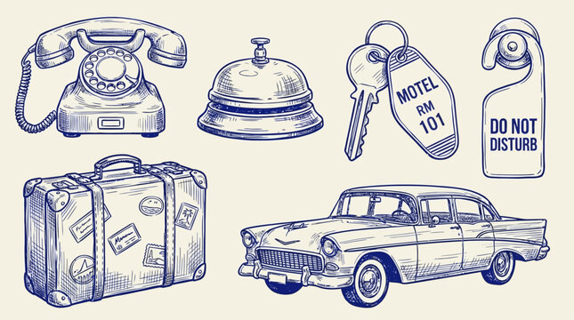 Collection of vintage motel and hotel hospitality items featuring service bell, rotary phone, retro car, leather suitcase, and room key isolated on white background for travel concept.