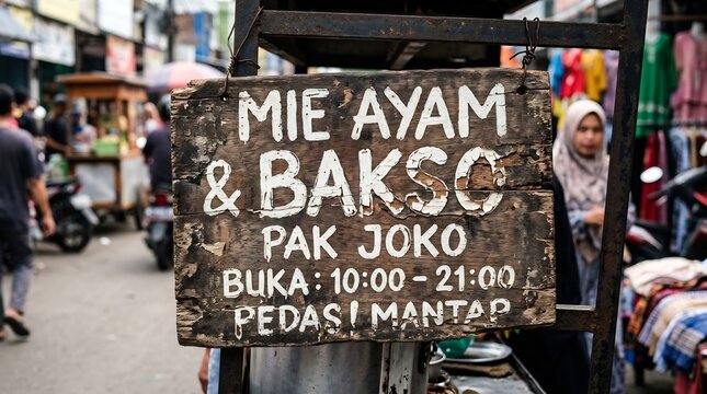 Traditional hand-painted wooden sign for a local street food cart in Indonesia selling mie ayam and bakso