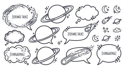 Cosmic and stargazing themed speech bubbles with planets stars and comets. © KALPANA AKTER
