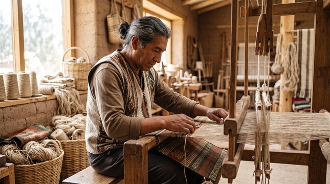 Skilled Artisan Weaving Traditional Textile on a Wooden Loom Indoors
