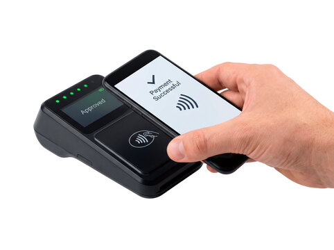 Customer uses smartphone for contactless payment at a modern point of sale terminal showing approved transaction PNG Isolated on transparent background