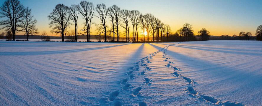 Footprints lead across a snow covered field at sunrise. Bare trees line the horizon under a clear sky. Long shadows stretch across the white landscape.