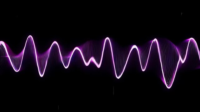 A glowing vibrant purple electronic audio frequency pulse visualizes rhythmic acoustic vibrations within digital processing systems as a representation of sensory sound patterns across the dark