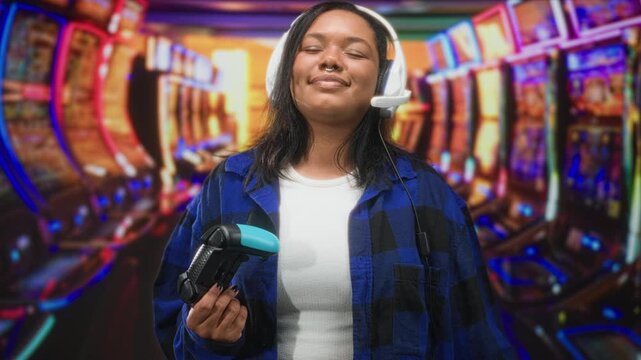 Young woman holding game controller with headset, eyes closed and smiling in a casino building among slot machines; contentment casual gaming.