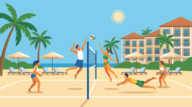 Beach Volleyball Game at Luxury Resort Vector Illustration