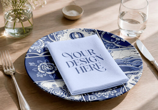Folded Napkin Wooden Table Mockup