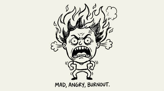 Isometric hand drawn vector illustration of a mad angry person with a burning head flaming with fire representing work stress burnout and fury in a cartoon character style isolated on white.