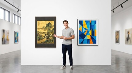 Fototapeta premium Man Presenting Framed Artworks in a Modern White Art Gallery Exhibition Space