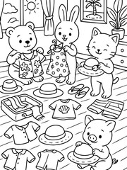 Fototapeta premium Summer Vacation Preparation: Cute cartoon animals, a bear, a bunny, a cat, and a pig, are enthusiastically packing for a summer vacation, surrounded by clothes, hats, and a suitcase.