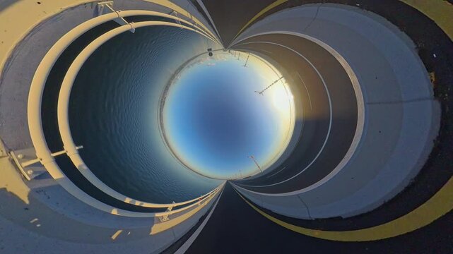 Planet Hole View of Southern Terminus of Bali Mandara Toll Road at Sunrise, Circular Highway Above Water Creating Abstract Geometric Travel Scene