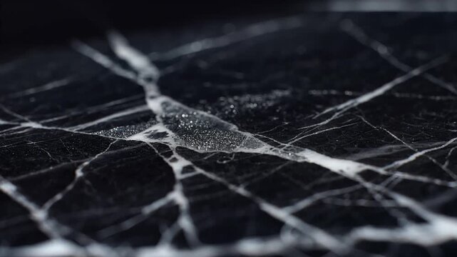 Close up of polished black marble surface with intricate white veins creating a luxurious natural pattern