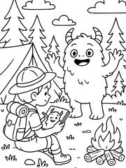 Fototapeta premium Monster Camping Buddy: A curious child camper, adorned with a scout hat and backpack, sits by a campfire, sketching a friendly, furry monster encountered during a wilderness adventure.