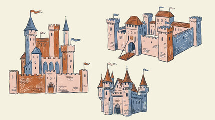 Majestic Medieval Three Castle Set with Fortified Royal Kingdom Towers and Ancient Stone Palace Architecture, Historic European Fortress Heritage Landmarks in Panoramic View © Thai