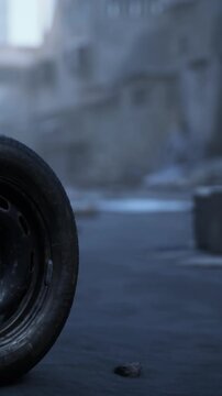 A black tire is resting on the ground of a city street. The background shows blurred buildings. The setting is daytime with low traffic.