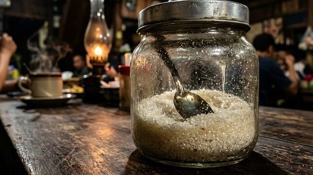 Traditional Indonesian Warung Kopi Culture Sugar Jar and Coffee Cup on Rustic Table