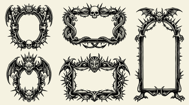 Elaborate Gothic Vector Dark Fantasy Vintage Frame Set with Medieval Demon Tribal Spike Decor Elements for Ornate Border Design and Mystical Occult Illustration Ornament