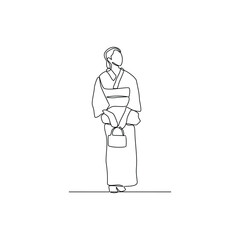 Fototapeta premium Japanese woman standing in kimono continuous line icon, traditional female character vector illustration in minimalist one line outline style, isolated on white background for culture design
