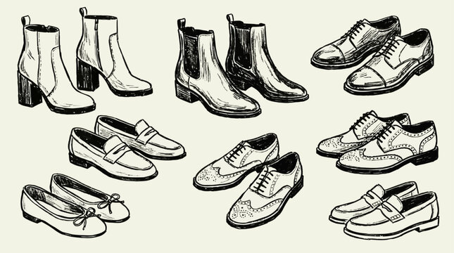 Comprehensive assortment of female fashion footwear including elegant high heeled pump, leather ankle boot, classic loafer, flat ballet shoe, casual sneaker, and formal dress shoe variety.