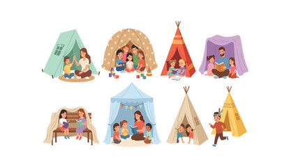 Happy children and parents playing inside cozy home blanket forts and teepee tents flat vector illustration set © Ruma