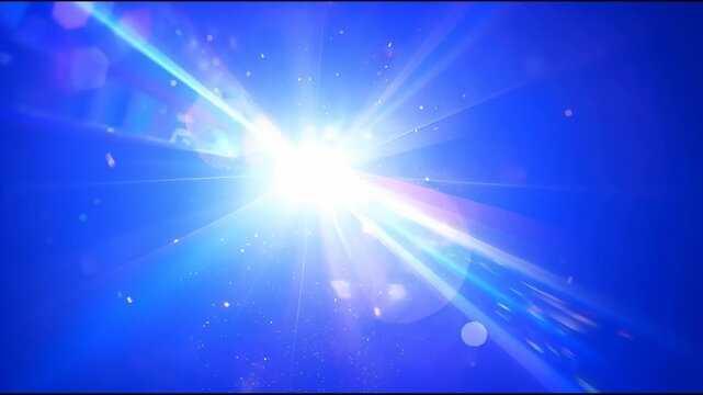 Radiant blue light burst lens flare sparkle particle cascade with multicolored prism beams evoking