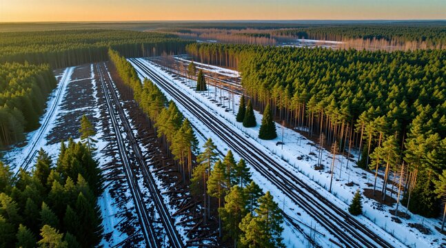 Aerial winter view of coniferous forest showing logged areas and railway tracks. Timber harvesting and reforestation efforts are evident in the managed landscape.