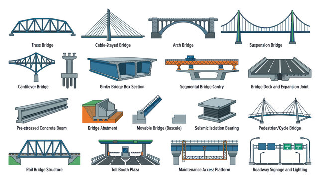 Civil Engineering Bridge Types and Construction Elements Vector Icons Set. Infrastructure and Transportation Diagrams.