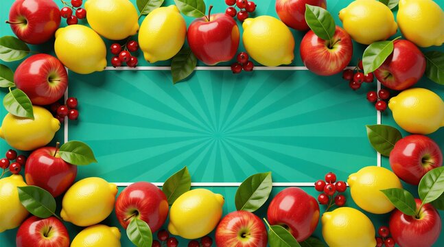 Red apples yellow lemons green leaves and red berries form a border around teal background with radial lines. White rectangle frame offers copy space for text.