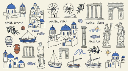 Hand-drawn black ink line art doodle collection featuring Greek coastal summer vacation elements like Mediterranean houses, olives, sun, sea waves, and travel icons on white background. © Thai
