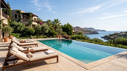 Fototapeta premium private retreat spaces, an elegant luxury pool with clear water, surrounded by serene sun loungers