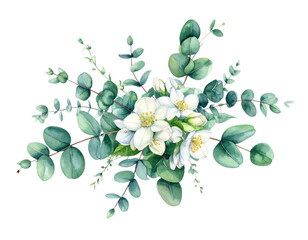 Obraz premium Watercolor illustration of a green eucalyptus flower arrangement with branches and white jasmine blooms on a clean background for design use